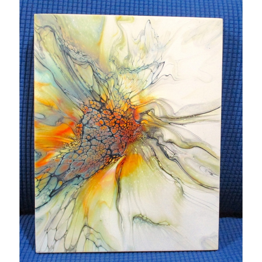 Abstract Acrylic Pour Painting Fluid Art Bloom Wood Panel 14x11 Orange Blue
